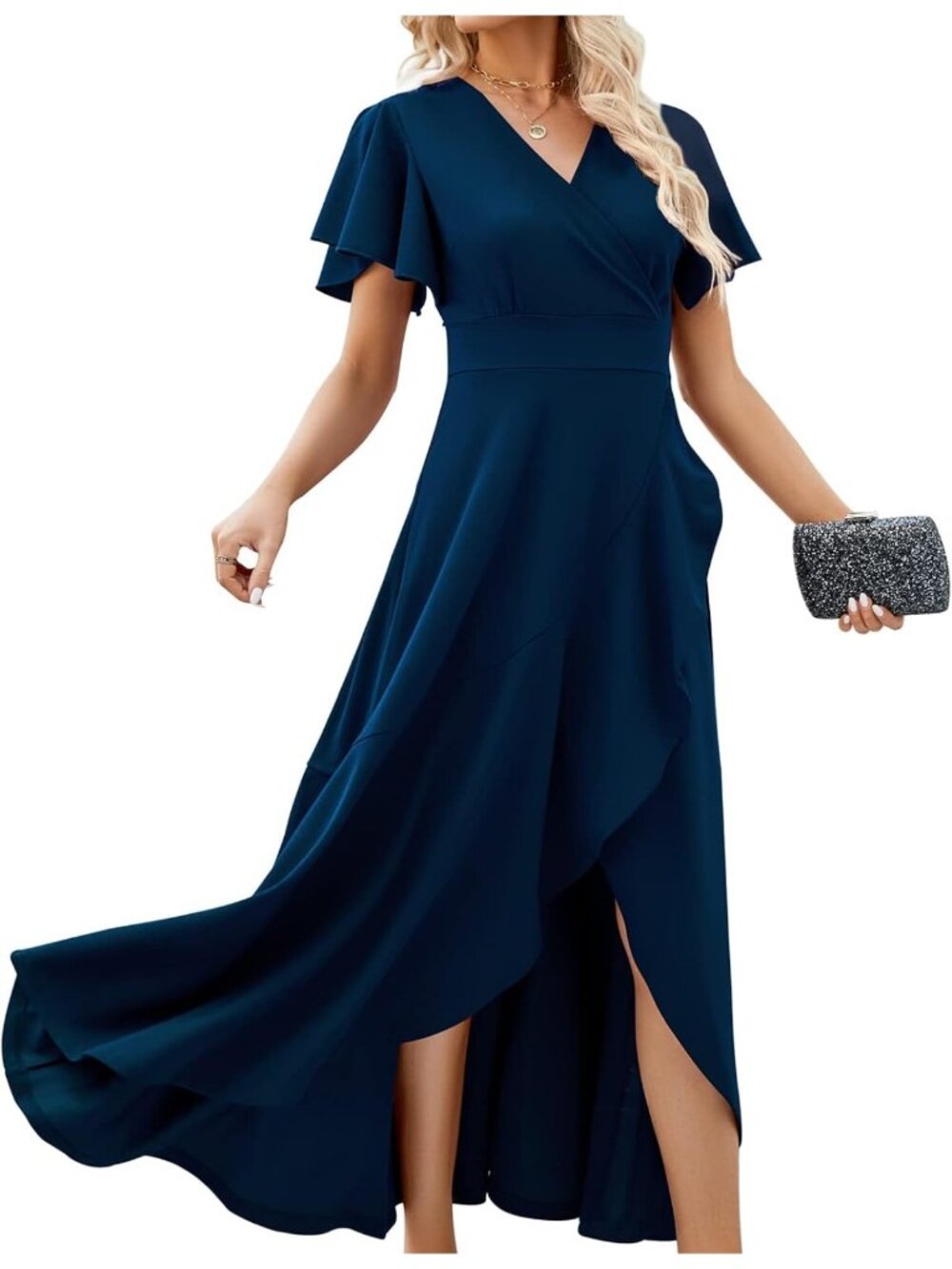 Navy Blue V Neck Long Formal Evening Gown Wedding Guest Dress Size 2X